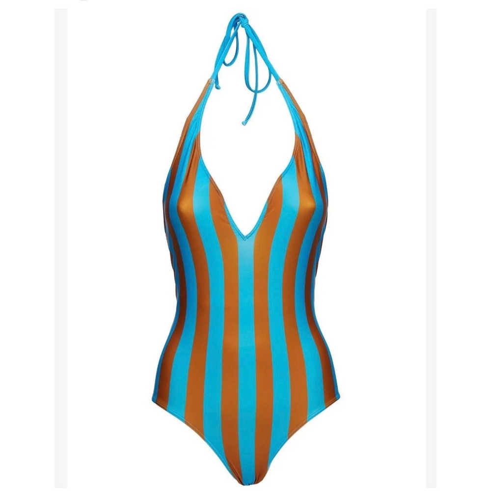 La DoubleJ Sexy Swimsuit Edition 32 Blue Brown Striped Halter One Piece Large